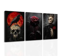 ZXHYWYM 3 Piece Gothic Canvas Wall Art Black Goth Crow Skull Pictures Set Skeleton Prints Dark Halloween Wall Decor for Bedroom Home Decor Framed (28x35cmx3)