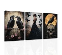 ZXHYWYM 3 Piece Gothic Canvas Wall Art Black Goth Crow Skull Pictures Set Skeleton Prints Dark Halloween Wall Decor for Bedroom Home Decor Framed (28x35cmx3)