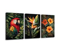 ZXHYWYM 3 Piece Tropical Canvas Wall Art Birds Paradise Pictures Hibiscus Parrot Wall Decor Tropical Flower Animal Painting Hawaii Artwork for Home Decor Framed 28x35cmx3