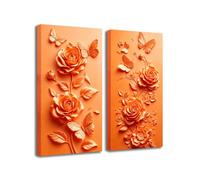 ZXHYWYM 3D Flower Wall Art Orange Wall Decor Relief Rose Butterfly Painting 2 Piece Canvas Print Textured Floral Artwork for Living Room Bedroom Home Decor Framed 20x40cmx2