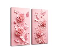 ZXHYWYM 3D Flower Wall Art Pink Wall Decor Relief Rose Butterfly Painting 2 Piece Canvas Print Textured Floral Artwork for Living Room Bedroom Home Decor Framed 20x40cmx2