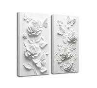 ZXHYWYM 3D Flower Wall Art White Wall Decor Relief Rose Butterfly Painting 2 Piece Canvas Print Textured Floral Artwork for Living Room Bedroom Home Decor Framed 30x60cmx2