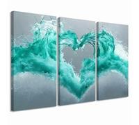 ZXHYWYM 3Pcs Abstract Gray and Teal Wall Decor Ocean Wave Water Water Picture Modern Art Prints Romantic Love Heart Canvas Paintings for Living Room Bathroom (Teal, 40x20cmx3 Pieces)