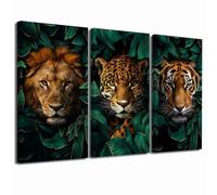 ZXHYWYM 3Pcs Jungle Animal Canvas Wall Art Tiger Lion Leopard Picture Prints Emerald Green and Golden Leaves Poster African Wildlife Paintings Office Decor (Emerald Green, 60x30cmx3 Pieces)