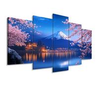 ZXHYWYM 5 Panel Japanese Wall Art Pink Cherry Blossom Pictures for Living Room Mount Fuji Canvas Prints Large Japan Home Decor Sakura Painting Framed (Size 1)