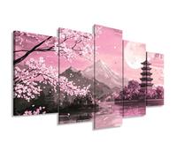 ZXHYWYM 5 Panel Japanese Wall Art Pink Cherry Blossom Pictures for Living Room Mount Fuji Canvas Prints Large Japan Home Decor Sakura Painting Framed (Size 1)