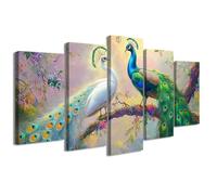ZXHYWYM 5 Pcs Peacock Wall Art Peacock Couple Pictures Wall Decor Forest Animal Canvas Prints Romantic Theme Painting Blue Green Feathers Poster Bedroom (White, (80L x 150W cm))