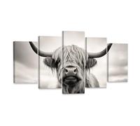 ZXHYWYM 5 Piece Highland Cow Wall Art Large Highland Cattle Canvas Pictures Grey and White Animal Painting Prints Farmhouse Living Room Home Decor Framed (A, (20x35cmx2 20x45cmx2 20x55cmx1))