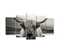 ZXHYWYM 5 Piece Highland Cow Wall Art Large Highland Cattle Canvas Pictures Grey and White Animal Painting Prints Farmhouse Living Room Home Decor Framed (B, (20x35cmx2 20x45cmx2 20x55cmx1))
