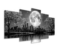 ZXHYWYM 5 Piece Landscape Wall Art Black and White City Skyline Pictures Full Moon Painting Canvas Prints Large Modern Living Room Bedroom Home Decor Framed (Size 2)