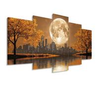 ZXHYWYM 5 Piece Landscape Wall Art Fall City Skyline Pictures Full Moon Painting Canvas Prints Large Modern Living Room Bedroom Home Decor Framed (Size 1)