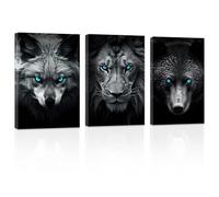 ZXHYWYM Abstract Animal Canvas Wall Art 3 Pieces Wolf Lion Bear Head with Blue Eyes Pictures Prints Black and White Wildlife Paintings Office Decor Framed(2, (12.00" x 16.00" x 3PCS))