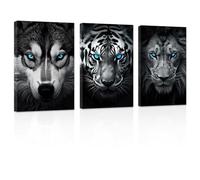 ZXHYWYM Abstract Animal Canvas Wall Art 3 Pieces Wolf Tiger Lion Head with Blue Eyes Pictures Prints Black and White Wildlife Paintings Office Decor Framed(1, (20.00" x 28.00" x 3PCS))