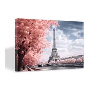 ZXHYWYM Abstract Paris Canvas Wall Art Eiffel Tower Pictures Framed Pink Tree Cityscape Painting Print Romantic City Artwork for Girls Bedroom Home (A, (30.00 x 45.00 cms))