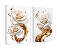 ZXHYWYM Abstract White & Gold Rose Wall Decor 2 Panels Elegant Blooming Rose Flowers Canvas Art Prints Paintings Modern Artwork Home Decor(White, (11.00" x 14.00" x 2PCS))