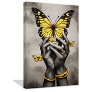 ZXHYWYM African American Canvas Wall Art Black Woman Hand with Yellow Butterfly Painting Prints Inspirational Artwork for Black Girl Room Decor(3, (12.00" x 18.00"))