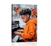 ZXHYWYM African Americans Canvas Wall Art Black Music Painting African Children Pictures Playing Violin Piano Artwork Prints Kids Room Classroom Decor Framed (Orange, (30.00 x 45.00 cms))