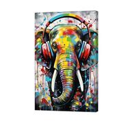 ZXHYWYM Animal Graffiti Wall Art Elephant with Headphone Canvas Painting Colorful Animal Art Print Funny Music Artwork for Nursery Kids Room Framed (A, (30.00 x 45.00 cms))