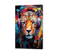 ZXHYWYM Animal Graffiti Wall Art Leopard with Headphone Canvas Painting Colorful Animal Art Print Funny Music Artwork for Nursery Kids Room Framed (C, (50.00 x 75.00 cms))