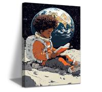 ZXHYWYM Astronaut Canvas Wall Art African American Children Painting African Black Boy Canvas Prints Space Pictures for Nursery Kids Room Decor Framed (45L x 30W cm)
