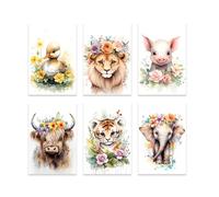 ZXHYWYM Baby Safari Animals Wall Art 6 Pieces Duck Lion Pig Highland Cow Tiger Elephant Prints Cute Woodland Art Watercolor Nursery Canvas Wall Decor (B - Unframed, (30x45cmx6))