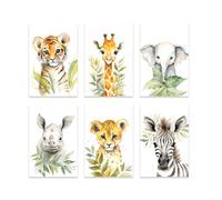 ZXHYWYM Baby Safari Animals Wall Art 6 Pieces Giraffe Elephant Tiger Leopard Rhino Zebra Prints Cute Woodland Art Watercolor Nursery Canvas Wall Decor (A - Unframed, (30x45cmx6))