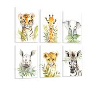 ZXHYWYM Baby Safari Animals Wall Art 6 Pieces Giraffe Elephant Tiger Leopard Rhino Zebra Prints Cute Woodland Art Watercolor Nursery Canvas Wall Decor (A - Framed, (30x45cmx6))