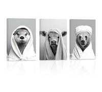 ZXHYWYM Bathroom Animal Wall Art 3 Pieces Cute Otter Highland Cow Bear Wearing Bathrobe Funny Poster Black White Canvas Prints for Toilet Restroom Framed(3, (16.00" x 24.00" x 3PCS))