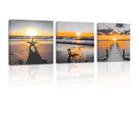 ZXHYWYM Bathroom Wall Decor 3 Pieces Sunset Beach Picture Starfish Pier Sea Wave Canvas Prints Ocean Artwork Framed(2, (10.00" x 10.00" x 3PCS))