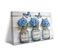 ZXHYWYM Blue Hydrangea Wall Art Hydrangea Floral in Vase Canvas Pictures Blue Flowers Painting Prints Rustic Hydrangea Painting Farmhouse Decor Framed (Blue, (60L x 40W cm))