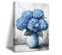 ZXHYWYM Blue Hydrangea Wall Art Hydrangea Floral in Vase Canvas Pictures Blue Flowers Painting Prints Rustic Hydrangea Painting Farmhouse Decor Framed (Teal, (45L x 30W cm))