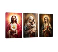 ZXHYWYM Catholic Painting 3 Piece Jesus and Virgin Mary Canvas Wall Art Sacred Heart Of Jesus Picture Faith Spiritual Print Church Prayer Decor Framed (C, (30x40cmx3))