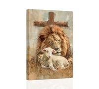 ZXHYWYM Christian Wall Decor Art Lion and The Lamb Picture Christ God Posters Prints Faith Artwork Canvas Motivational Spiritual Gifts Framed (Brown, (30.00 x 45.00 cms))