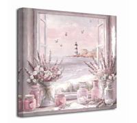 ZXHYWYM Coastal Flower Pictures Wall Art Rustic Pink Bathroom Wall Decor Window Beach Canvas Prints Farmhouse Lavender Bouquet Painting Butterfly Poster for Girl Bedroom (Pink, 30L x 30W cm)