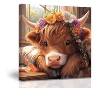ZXHYWYM Cute Highland Cow Baby Canvas Wall Art Rustic Farmhouse Picture Prints Brown Cow with Flowers Painting for Kitchen Children's Room Bathroom Decor (Brown, (30L x 30W cm))