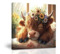 ZXHYWYM Cute Highland Cow Baby Canvas Wall Art Rustic Farmhouse Picture Prints Brown Cow with Flowers Painting for Kitchen Children's Room Bathroom Decor (Yellow, (45L x 45W cm))