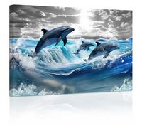 ZXHYWYM Dolphin Canvas Wall Art Jumping Dolphin Picture Prints Blue Sea Animal Bathroom Artwork Wall Decor for Kids Room Nursery Framed(3, (12.00" x 18.00"))