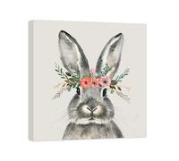 ZXHYWYM Easter Bunny Canvas Wall Art Cute Rabbit Poster with Flowers Animal Painting Watercolor Prints Nursery Girls Baby Wall Decor Easter Gifts Framed (B, (40.00 x 40.00 cms))