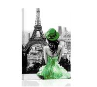 ZXHYWYM Eiffel Tower Wall Art Paris Canvas Prints Girls Room Wall Decor Black and White Painting Women Pictures for Bedroom Girly Apartment Dorm Decor Framed (Green, (40.00 x 60.00 cms))
