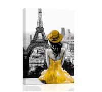 ZXHYWYM Eiffel Tower Wall Art Paris Canvas Prints Girls Room Wall Decor Black and White Painting Women Pictures for Bedroom Girly Apartment Dorm Decor Framed (Yellow, (30.00 x 45.00 cms))