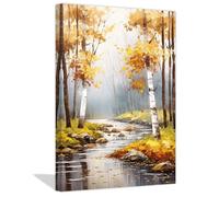 ZXHYWYM Fall Scenery Canvas Wall Art White Birch Trees Nature Lake Forest Oil Painting Prints Autumn Artwork Home Decor Framed(1, (12.00" x 18.00"))