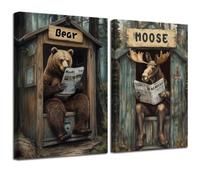 ZXHYWYM Farmhouse Animals Wall Art Set of 2 Bear Moose In Outhouse Toilet Wall Decor Funny Brown Animal Poster for Rustic Cabin Bathroom Frame (Brown, (30.00 x 40.00 cms x 2PCS))