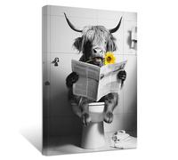 ZXHYWYM Funny Animal Bathroom Wall Decor Highland Cow with Sunflowers Sitting on Toilet Reading Newspaper Poster Prints Black and White Animals Canvas Artwork(1, (16.00" x 24.00"))