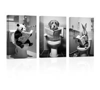 ZXHYWYM Funny Bathroom Animal Wall Art 3 Pieces Cute Panda Dog Rabbit Reading Newspaper on Toilet Poster Black White Canvas Prints for Rustic Restroom Framed(1, (11.00" x 14.00" x 3PCS))
