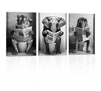ZXHYWYM Funny Bathroom Animal Wall Art 3 Pieces Cute Tiger Elephant Lion Reading Newspaper on Toilet Poster Black White Canvas Prints for Rustic Restroom Framed(2, (16.00" x 24.00" x 3PCS))