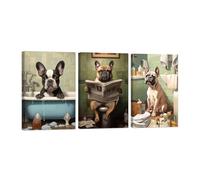 ZXHYWYM Funny Bathroom Wall Art 3 Pieces French Bulldog Pictures Wall Decor Dog Toilet Poster Animals Bathe in Bathtub Canvas Print Frame (C, (28x35cmx3))