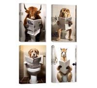 ZXHYWYM Funny Bathroom Wall Art 4 Piece Highland Cow Lion Dog Alpaca Poster Canvas Prints Animals on Toilet Artwork for Humor Washroom Restroom Decor (A - Framed, (40x60cmx4))