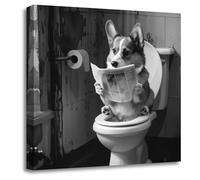 ZXHYWYM Funny Bathroom Wall Art Corgi Dog Sitting on Toilet Reading Newspaper Poster Print Cute Animal Canvas Artwork Black White Toilet Humor Decor(Picture-2, (12.00" x 12.00"))