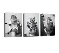 ZXHYWYM Funny Bathroom Wall Decor 3 Pieces Kitten Cat Sitting on Toilet Reading Newspaper Poster Prints Black White Animal in Toilet Canvas Artwork(2, (12.00" x 16.00" x 3PCS))