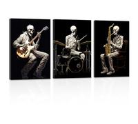 ZXHYWYM Funny Canvas Wall Art 3 Pieces Skeleton with Musical Instrument Poster Prints Abstract Skull Paintings Gothic Halloween Wall Decor(2, (12.00" x 16.00" x 3PCS))